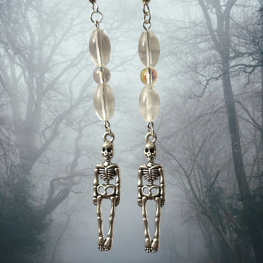 Hand Crafted Skeleton Earrings Glow Beads Long Duster Halloween Pierced